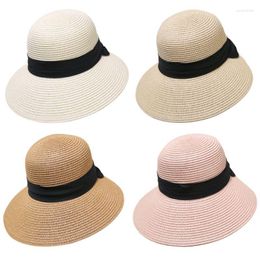 Brede rand hoeden dames zomerstro dop zwart bowknot lint opvouwbare uv-protect druppel