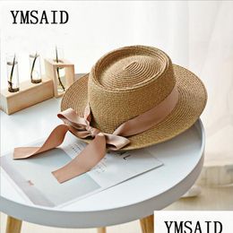 Hoeden met brede rand Ymsaid Zomerzonnehoed Mode Meisje St Ribbon Bow Beach Casual Flat Top Panama Bone Feminino 220318 Drop Delivery Access Dhscl