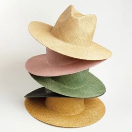 Grand gain de paille Fedora fine tresse herbe chapeau d'été pour femmes mode jazz plage panama chapeau 240323