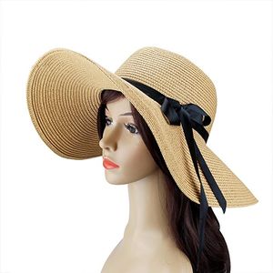 Chapeau de soleil pour femme pliable à large bord Chapeaux de paille avec nœud Chapeau de plage d'été Protection UV
