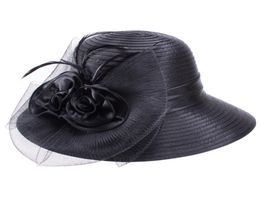 Brede randzomers hoeden voor vrouwelijke veren netten fascinator zon hoeden bruids moeder039s hoeden bruiloft derby kerk strand cap 22035663781