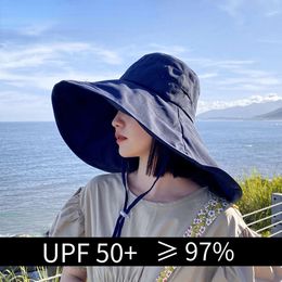 Brede rand UPF 50+ vrouwen anti-UV-bescherming wandelen visser cap vouw zomere solide strandhoed 2023 dubbelzijdige zon hoed l2405