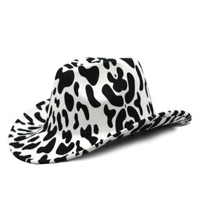 Brim Wester Western Cowboy Cowgirl Hat Cow Imprimé hommes Femmes Laine Feel Fedora Chapeaux en cuir Band Black and White Dots Panama Cap2319166