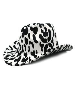 Brim Brim Western Cowboy Cowgirl Hat Cow Imprimé hommes femmes Feel Feel Fedora Chapeaux en cuir Band Black and White Dots Panama Cap7651309