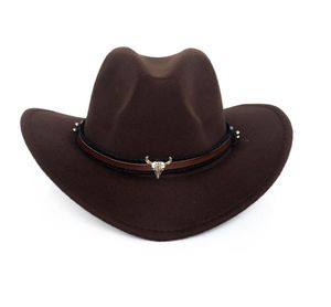 Brede Rand Western Cowboyhoed Mannen Vrouwen Wolvilt Fedora Hoeden Lederen Lint Bull Head Band Panama Cap5444966