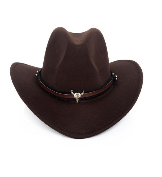 Sombrero de vaquero occidental de ala ancha para hombres y mujeres, sombreros Fedora de fieltro de lana, cinta de cuero, banda para cabeza de toro, gorra Panamá 8147215