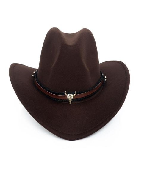 Sombrero de vaquero occidental de ala ancha para hombres y mujeres, sombreros Fedora de fieltro de lana, cinta de cuero, banda para cabeza de toro, gorra Panamá 4752899
