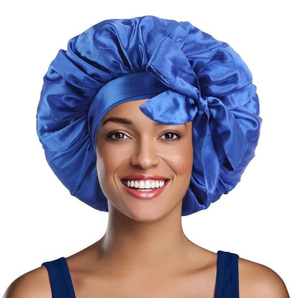 Bonnet en satin de grande taille à larges bords avec deux ceintures couleur unie dames bande élastique turban bonnet de nuit enveloppement de cheveux soins des cheveux chimio