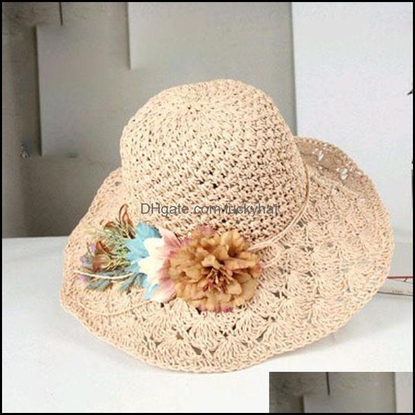 Gorras anchas Sombreros, Bufandas Guantes Moda Aessorieswide Brim Sombreros Verano para mujeres con flores Ganchillo hecho a mano Sombrero para el sol Playa St Visera grande