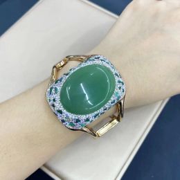 Pulsera de cristal verde malayo de cara ancha para mujeres de oro de 18 km plateado de joyas de moda personalizadas pequeñas piedras preciosas