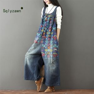 Wide Leg Bib denim overalls vrouwen vintage bedrukte bloemen jean jumpsuits vrouwelijk groot formaat drop crotch denim rompers g101501 210709