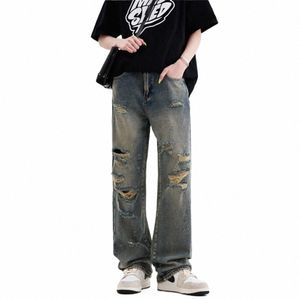 Pantalon cargo à jambe large 2022 Streetwear Baggy Jeans Nouveau Printemps Automne Hommes Jeans Ripped Lâche Droite Mâle Marque Vêtements bleu T3gl #