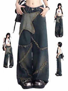 Wijde pijpen jeans vrouwelijke dikke koninklijke zus stijl hoge taille losse dunne ontwerp gevoel sterren ruwe rand mop broek groot formaat M6Ks #