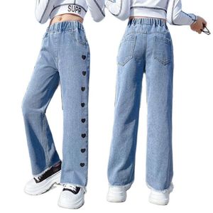 Breide been jeans voor tienermeisjes bodem baggy denim broek middelste taille volledige lengte hart broeken kinderen kleding 13 14 15 16y l2405
