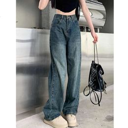 Jeans de piernas anchas para mujeres con cintura alta contrastante pantalón recto Lady Pantalones sueltos STREETWear 240423