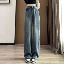 Jeans de piernas anchas para mujeres primavera y otoño 2024 Nuevo diseño suelto de cintura alta en contraste de color de la pierna recta Pantalones del piso de la pierna recta