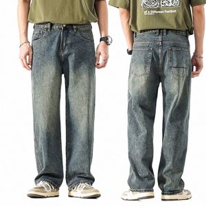 Jeans à jambes larges pour hommes, pantalon Baggy d'été, coupe droite, ample, rétro, bleu, Denim, Streetwear, poches Fi, vêtements Vintage pour hommes, R7F4 #