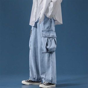 Wide-been jeans heren herfst grote zakken recht losse broek Hong Kong Style Trend Wild Drape dweilen van de vloer Old Fashion 210715