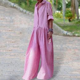 Mujeres de la pierna ancha Women Casual Estyish Rew de cheque Imprimir mujer con mangas largas Piernas anchas ajustadas para un 240429