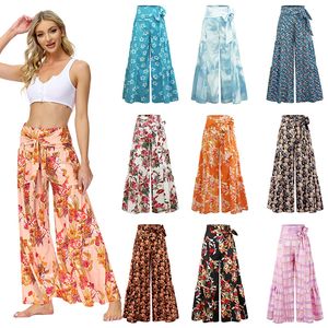 Pantalon large à lacets Pantalon à lacets Bas de maternité Floral Flowers Plaid Fitness Yoga Pantalon évasé Lady Casual Loose Long Pantalon 21 Couleurs M4140