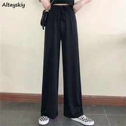 Pantalon large femme pur noir à lacets style coréen loisirs amples taille haute femme printemps long pantalon quotidien streetwear automne 220815