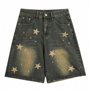 Wijd been vintage denim shorts ster gedrukt streetwear Harajuku hiphop jeans mannen zomer retro casual losse y2k g3h3#