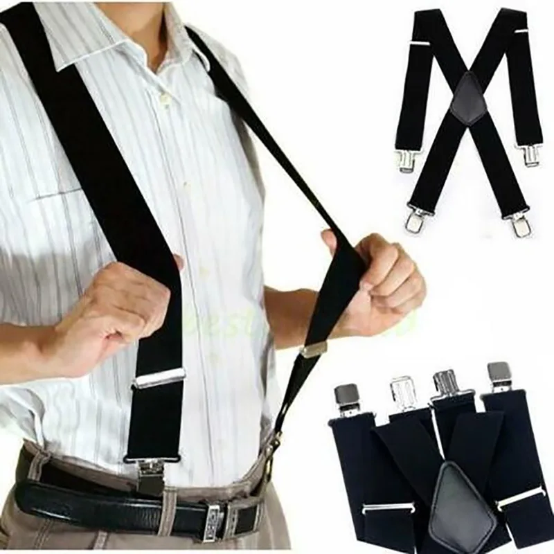 Wide Men Suspenders High Elastic Adjustable 4 Strong Clips Suspender Heavy Duty X Back Trousers Braces