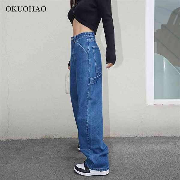 Large jambe droite jeans femme taille haute bleu denim pantalon femme esthétique baggy maman jean mode plus taille pantalon streetwear 210708