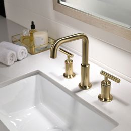 Robinet de lavabo répandu 3 trous double poignées mitigeur de lavabo de salle de bain robinet d'évier brossé robinet d'eau de salle de bain en or Rose