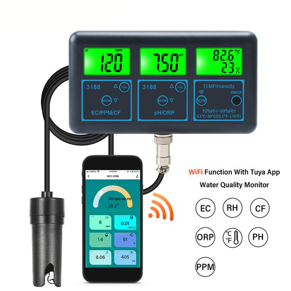 WiFi 7in1 Testeur de qualité de l'eau Analyseur d'eau multi-paramètre PH / ORP / EC / PPM / CF / HUMIDICE / TEMPERTERY MOINETY