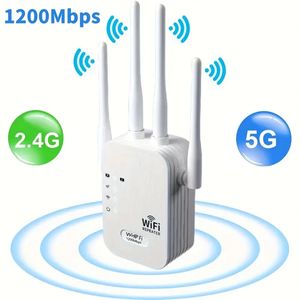 WiFi-extender, WiFi-booster 6x sterker 1200Mbps WiFi 2,45GHz dual-band (8000sq.ft), WiFi-signaal sterke penetratie 35 apparaten 4 modi 1-tik instelling