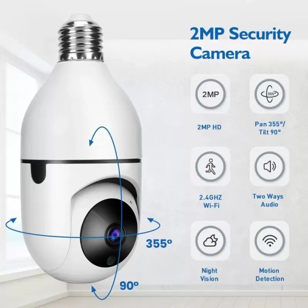 Wifi PTZ Cámara IP Control remoto Alta definición Visualización de 360 ​​° Seguridad Interfaz de bombilla E27 1080p Inalámbrico Rotación 360 Seguimiento automático Cámara panorámica Conector de bombilla