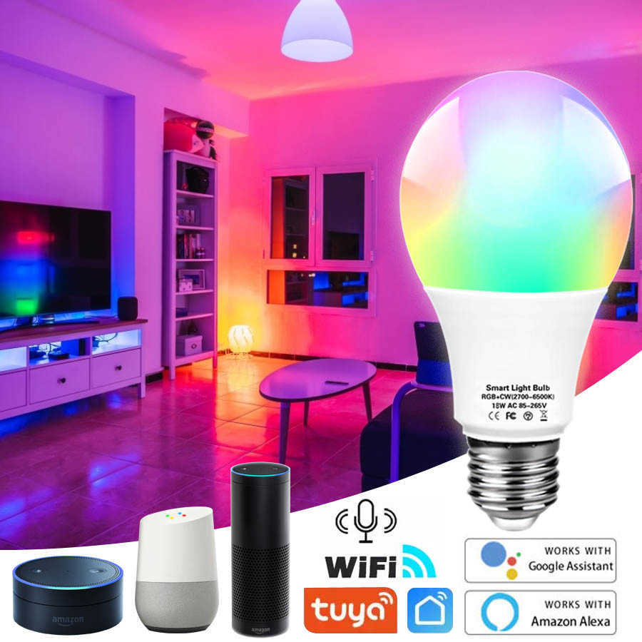 Wifi Smart Led Light Bulb Lighting E27 Tuya Lamp 220V RGBCW 18W Alexa Wifi For Home
