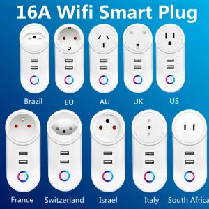 WiFi Smart Plug 16a UU AU UK Brazil Socket + 2.1A Double chargeur USB TUYA Smart Life Alexa Google Home Assistant Vocal Contrôle
