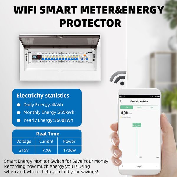 WiFi Smart Switch Tuya Energy Metter KWH METRIETER 63A Circuit Breaker Timer avec courant de tension et protection des fuites