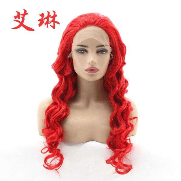 Peluca brillante onda roja de encaje de encaje sintético diadema de fibra media tejida a mano cabello rizado largo
