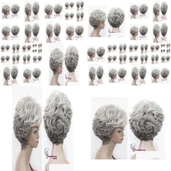 Capas de peluca Gtgtgtnew Old Women Grandma Pinches Gray Grey Curly Lady Wigs5546316 Drop entrega de productos para el cabello Herramientas Otgzx