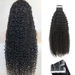 Pruik Caps Kinky Curly tape In Hair Extensions Echt haar Voor Vrouwen Remy Hair Adhesive Invisible #1B Natural Black tape Hair Extensions