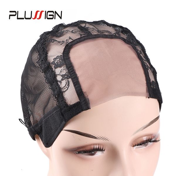 Gorros de peluca Plussign U Part Gorro de peluca de encaje suizo Gorros de peluca de redecilla negra para hacer pelucas Gorro de tejido con correa ajustable Herramientas para hacer pelucas 230629