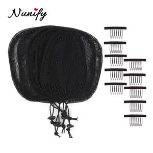 Bonnets de perruque Filet de queue de cheval avec cordon de serrage, capuchons de doublure de perruque pour la fabrication de chignon afro, filet de queue de cheval avec 10 peignes, filet à cheveux sans guleless noir 231012