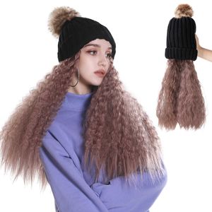Wig Curly Nieuwe Cover Wool All-in-One warm gebreide dameshoed Long Hair Pruiken