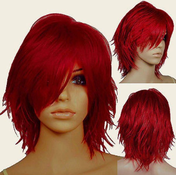 PERRUQUE Perruque de Cosplay Courte Coupe Shaggy Rouge Foncé - 16