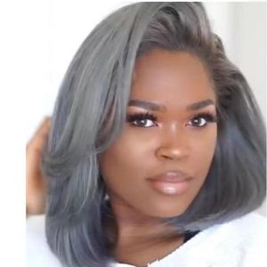 Peluca damas europeas y americanas pelo corto abuela gris capucha hd encaje gris cabello humano pelucas para mujeres negras sal y pimienta