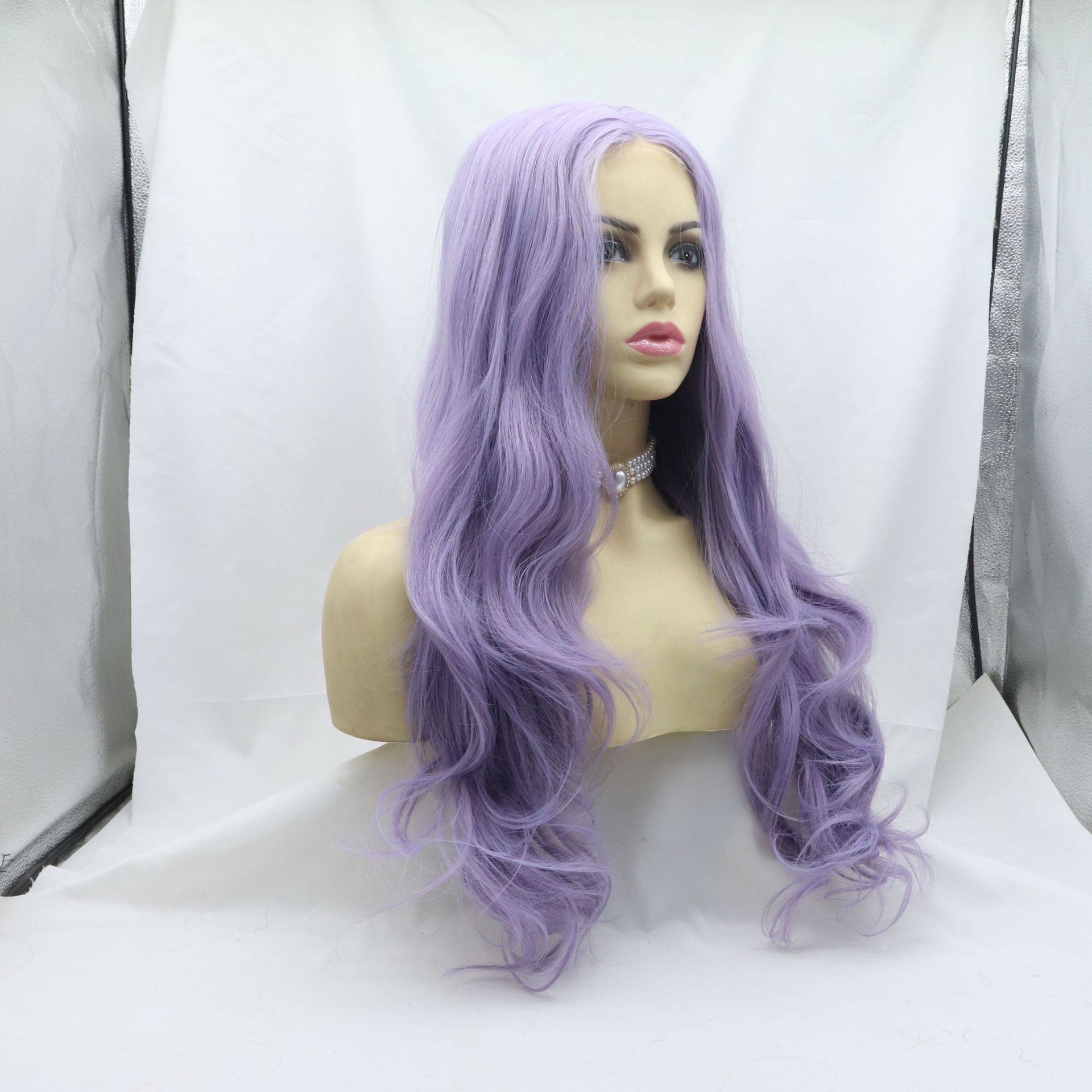 Wig European and American medium-parted long curly front lace chemical fiber high-temperature wire factory direct sales ready-made hand-woven wig headgear