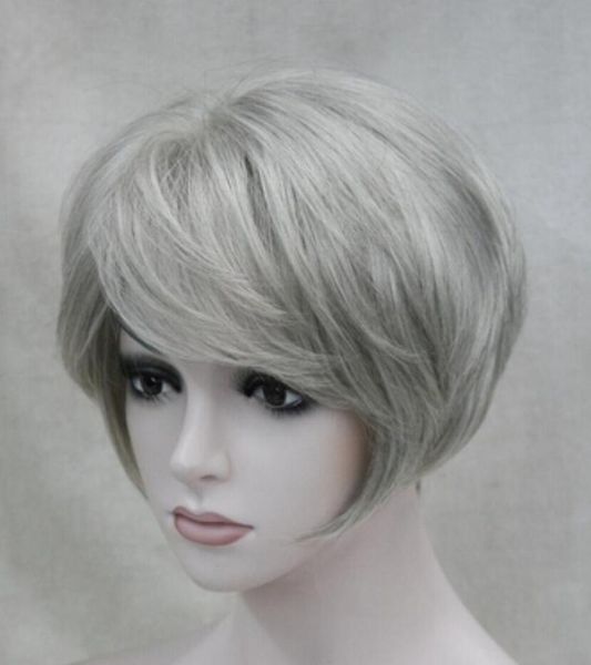 Perruque livraison gratuite mode femmes dames filles courtes gris synthétique cheveux bouclés perruques