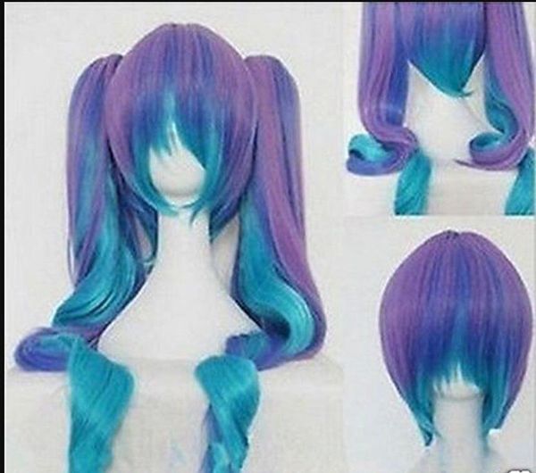 WIG Peluca gótica de Lolita + 2 colas de cerdo Set Pastel Rainbow Blend Pelucas de peluca de cosplay