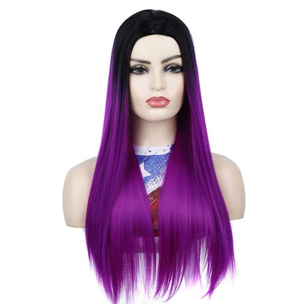 Perruque cheveux longs raides perruque couvre-tête noir dégradé raisin violet fendu cheveux longs raides perruque couvre-tête