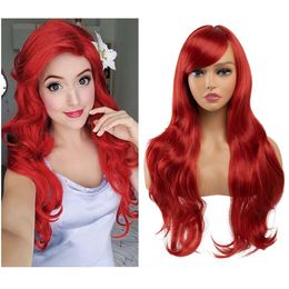 Wig sirène princesse rouge anime long poing ave swave synthétique fibre cos bandeau