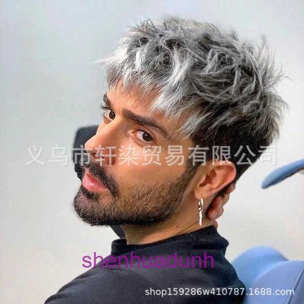 Wig New Mens Wig Set Mens Silver Grey Gradient Small Curl Coiffure courte