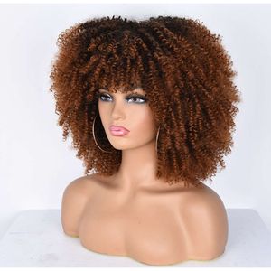 Pruik groothandel korte kinky krullen met pony voor zwarte vrouwen ombre bruine afro krullende synthetische pruiken